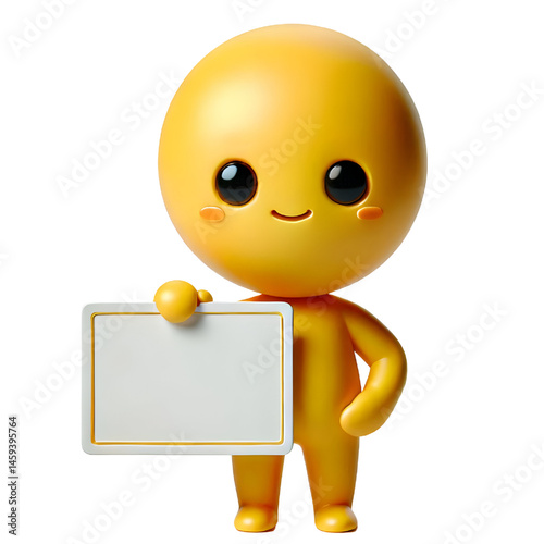 Cute yellow man 3d holding blank card isolated on white background
