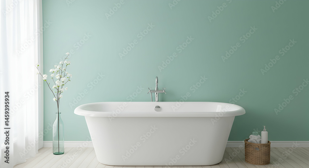 Fototapeta premium Modern Minimalist Bathroom with Soothing Green Walls and Bathtub