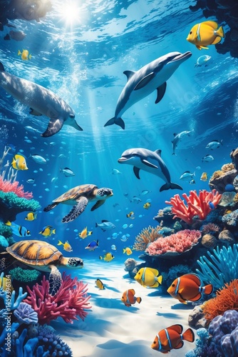 Oceanic Dolphins and Vibrant Coral Reef: A Sunlit Underwater Scene