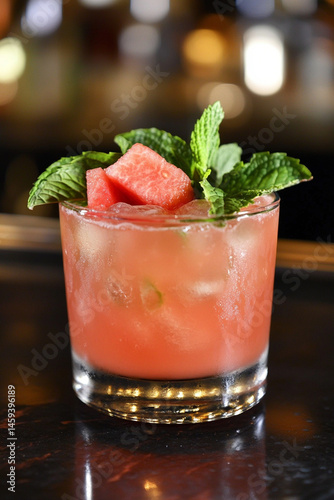 Wallpaper Mural Watermelon cocktail with ice and mint garnish on bar counter Torontodigital.ca