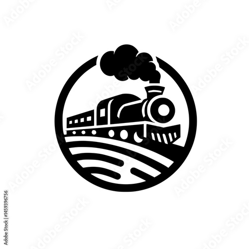 Retro Train Logo: Black and White Steam Engine in Circle