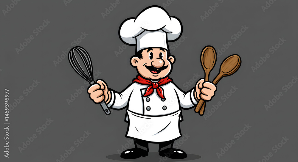 Naklejka premium Cartoon Chef with Whisk and Spoon
