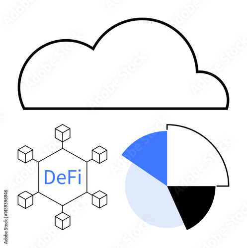 Cloud icon, decentralized finance network blocks, and pie chart in clean visual layout. Ideal for blockchain, finance, technology, data analysis, cloud computing innovation business strategy. Flat