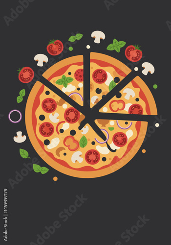 Vibrant vector pizza with toppings, including mushrooms and tomatoes, on a dark background