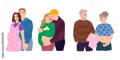 Set of diverse pregnant couples wife and husband. Loving and caring future parents in different age groups expecting baby. Maternity, prenatal care, family planning, baby shower, parenting blogs.