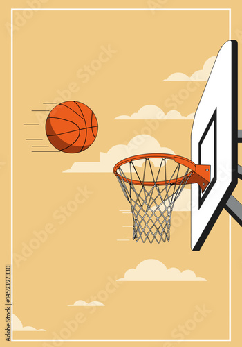 Basketball ball in motion heading towards the hoop against a simple background for sports concept, copy space