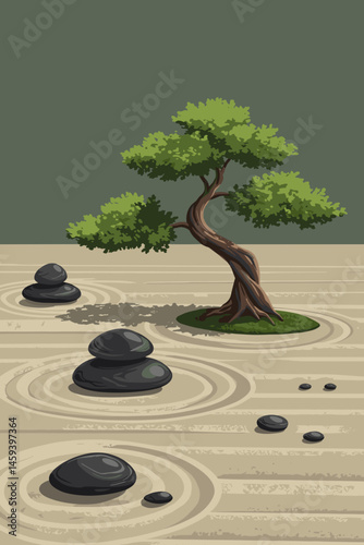 Zen garden with a bonsai tree and stones on a sandy surface for relaxation concept