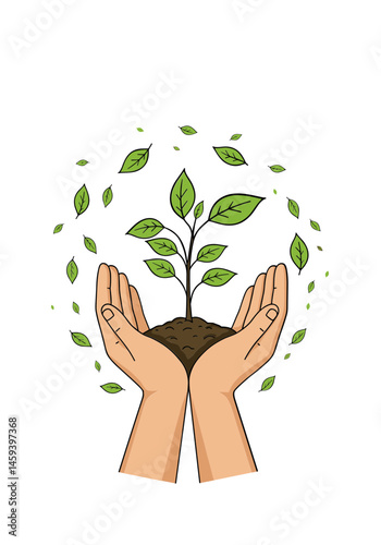 Hands supporting a growing plant with falling leaves for an eco-friendly awareness concept