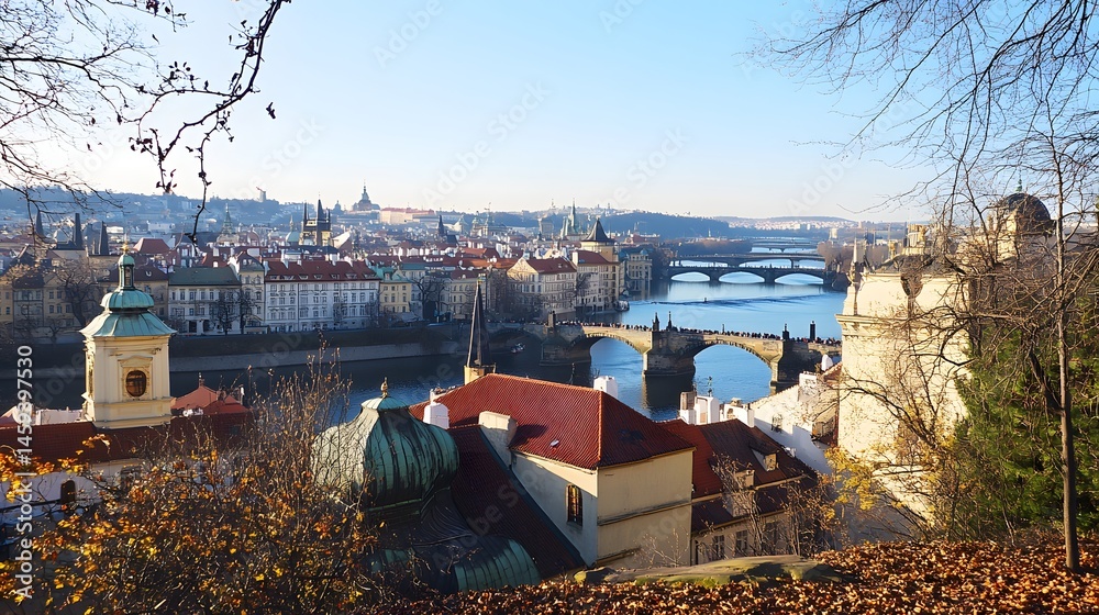 Obraz premium Panoramic view of European city by a river.