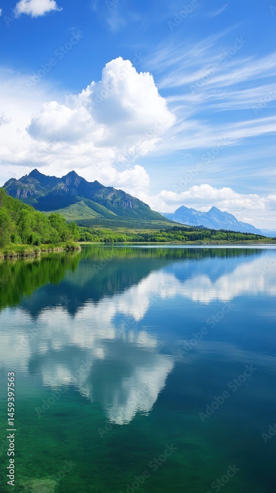 Naklejka premium Majestic mountains and blue sky reflected in a calm, clear lake surrounded by lush greenery and scenic beauty.
