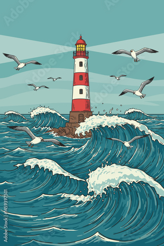 Vibrant lighthouse surrounded by tumultuous waves and seagulls for maritime and adventure concept
