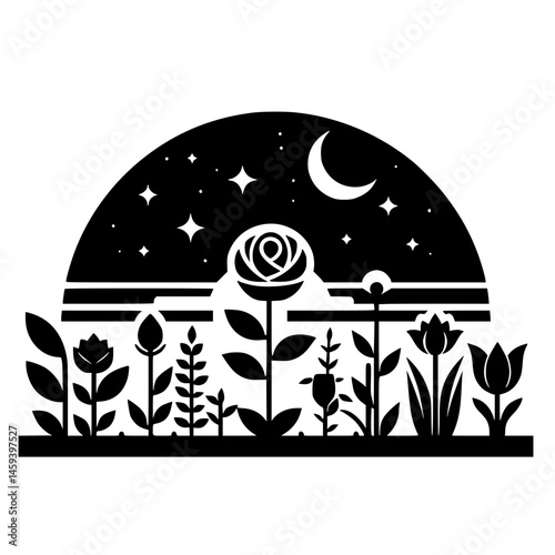 Black and White Floral Moonlit Night Illustration
