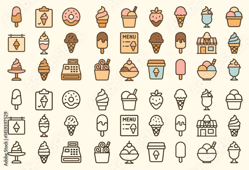 Ice Cream and Dessert Icon Set with Outline Style
