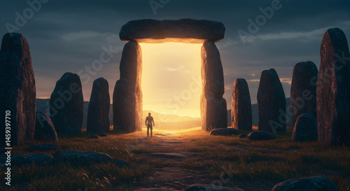 Mysterious Stone Circle with Open Portal at Sunset Landscape Scene