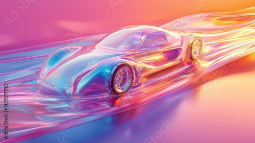 Futuristic, iridescent car glides through liquid abstract landscape