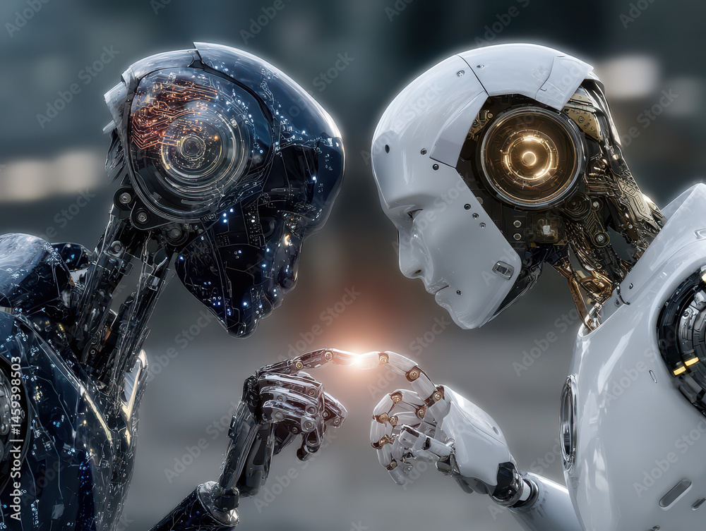 Fototapeta premium Collaboration between AI-driven robots enhances creative problem-solving and logical prediction capabilities