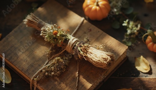 A bunch of dried herbs and wildflowers tied with string lies atop a rustic wooden book, surrounded by small pumpkins and scattered petals