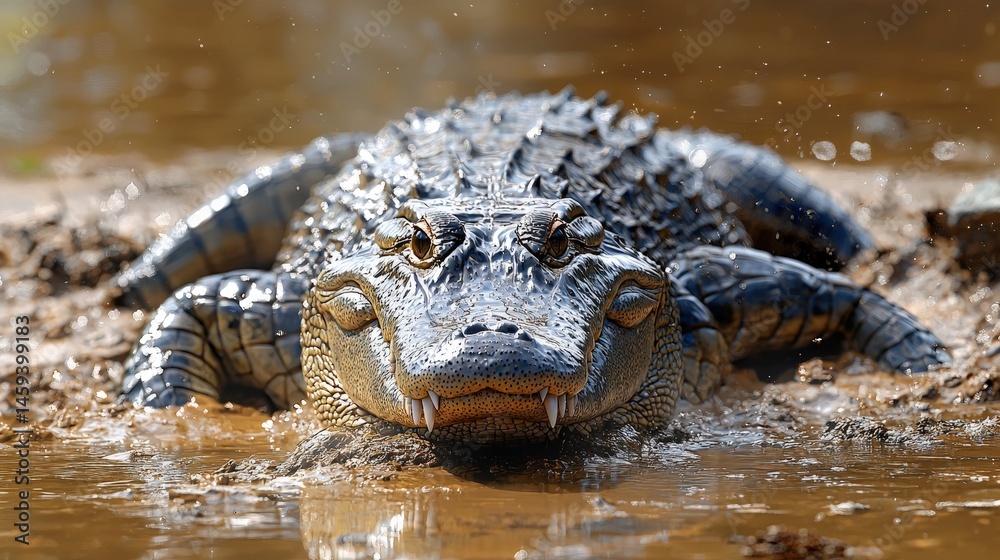 Obraz premium Large alligator resting in muddy shallows.