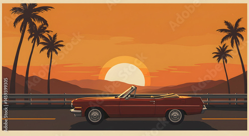 Vintage Convertible Car Against Sunset with Palm Trees and Mountains