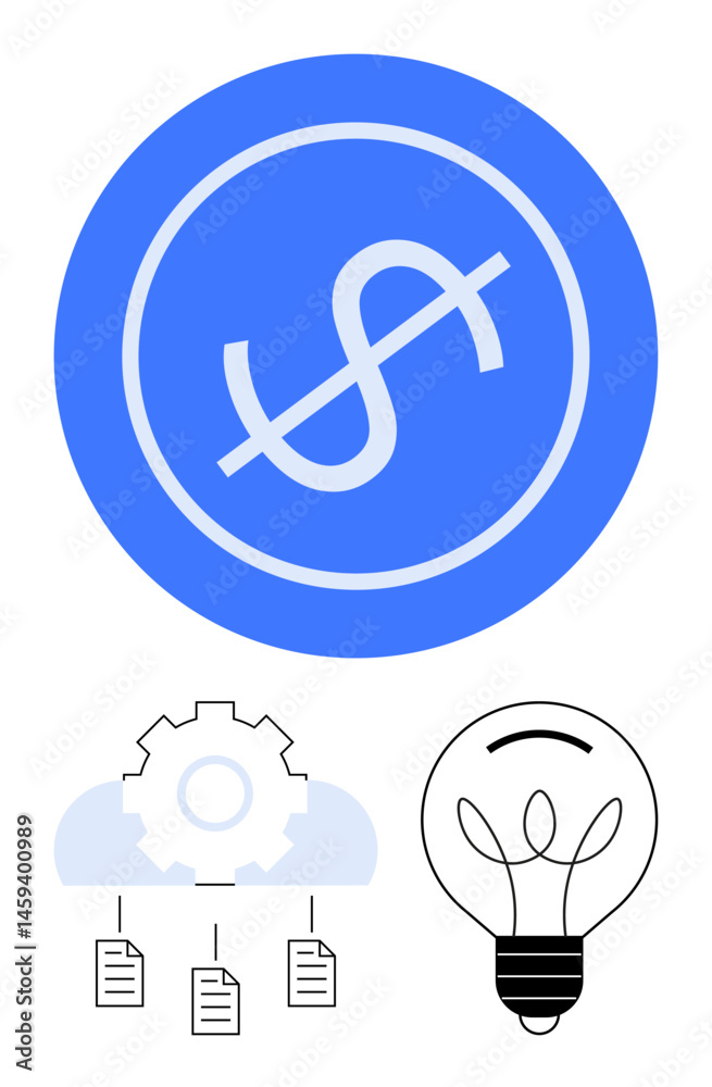Dollar cross icon with cloud gear automation, file management, and light bulb innovation. Ideal for finance, savings, tech strategy, digital workflow, creativity cost reduction efficiency. Flat Dollar cross icon with cloud gear automation, file management, and light bulb innovation. Ideal for finance, savings, tech strategy, digital workflow, creativity cost reduction efficiency. Flat