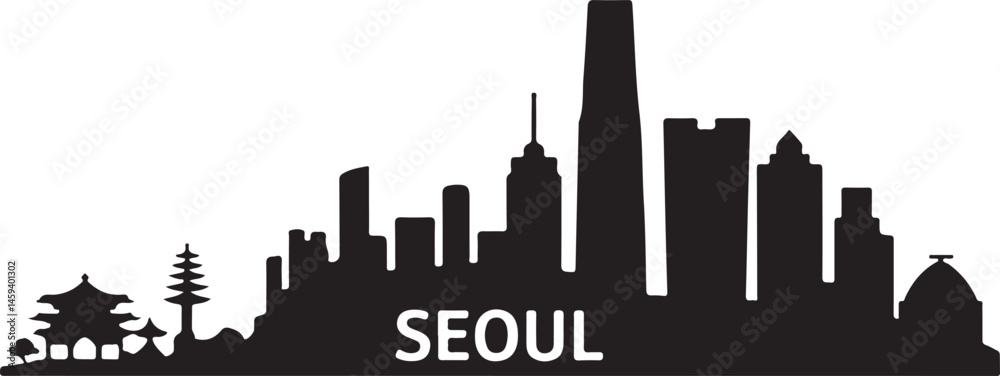Obraz premium Seoul Skyline Vector Silhouette DesignKorean Cityscape Art – Seoul EditionModern Seoul Tower and City VectorTraditional Meets Modern – Seoul Korea ArtExplore Seoul: Vector Silhouette of South 