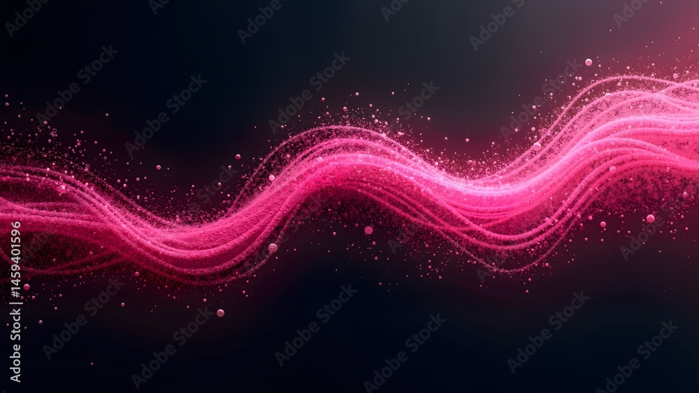 Fototapeta premium Abstract digital art featuring a flowing wave of pink particles against a black background. The image illustrates motion and energy with a vibrant 