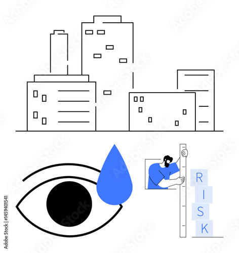 Urban buildings, human eye with a tear, man stabilizing stacked blocks labeled RISK. Ideal for risk management, emotional wellbeing, business strategy, corporate responsibility, mental health, urban