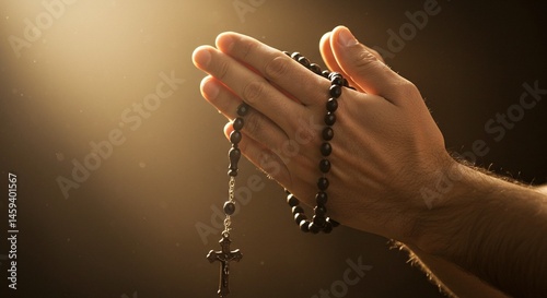 Close up of praying hands holding a rosary with a cross in a dimly lit and warm light setting