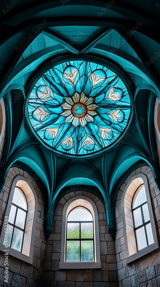 Teal Gothic Architecture: Circular Stained Glass Ceiling Teal Gothic Architecture: Circular Stained Glass Ceiling