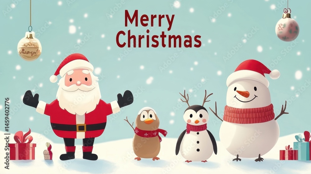 Merry Christmas greeting card with Santa,snowman,and penguins Merry Christmas greeting card with Santa,snowman,and penguins