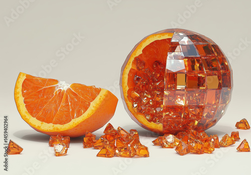 Half, quarter of a shiny jewelry mixed glass mandarin orange, clementine with orange diamond gemstone inside as an art sculpture, fashion statement for creative innovative unique jewelry fruit design
