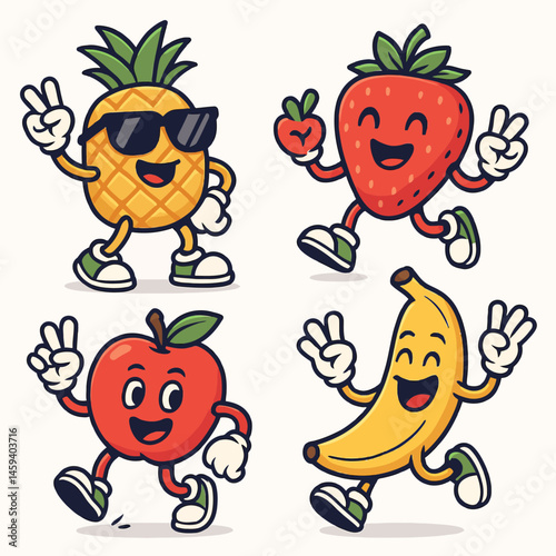 Cartoon Fruits Walking and Gesturing Peace Sign with Retro Style