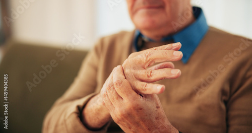 Quadro su tela Home, hands and senior man with wrist pain, arthritis and inflammation with carpal tunnel syndrome
