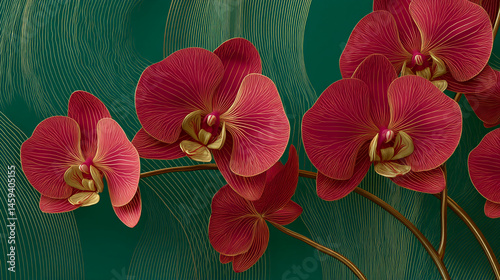 Close-up of red orchids with gold detailing on a dark green background, creating an elegant and luxurious aesthetic, ideal for interior design or branding