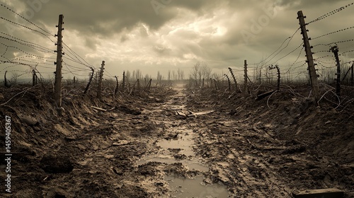 No mans land between trenches features barbed wire, craters, and debris under a cloudy sky