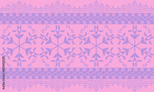 a detailed pattern composed of pixel designs with purple pastels flowers on pink pastels background , design for fabric or various pattern printing works.