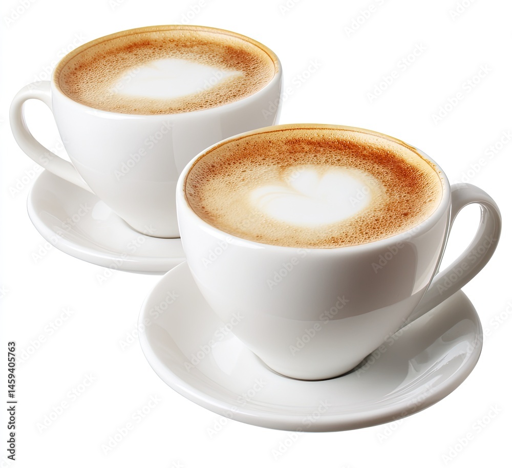 Two cups of cappuccino with heart latte art on top. White ceramic mugs and saucers Two cups of cappuccino with heart latte art on top. White ceramic mugs and saucers