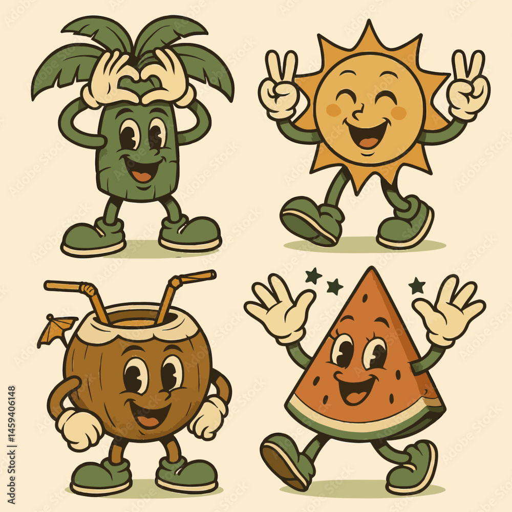 Fototapeta premium Retro Cartoon Tropical Fruit Characters Illustration for Summer Fun