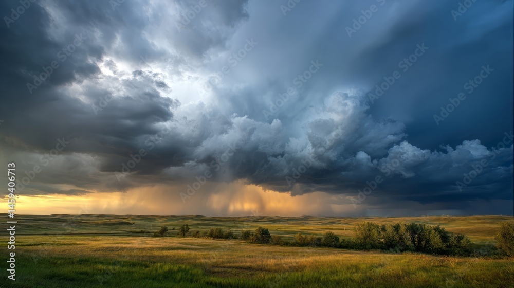 Obraz premium Storm clouds loom over prairie as golden light pierces through, nature's dramatic contrast unfolds 