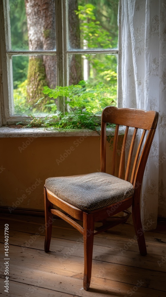 Obraz premium Interior View of Wooden Chair by Window with Forest Scene and Sheer Curtain Light Wood Flooring