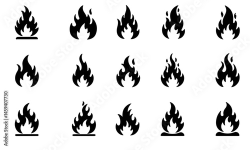 Fifteen black flame icons in various shapes and styles