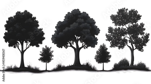 Silhouetted trees, varied heights, grassy base