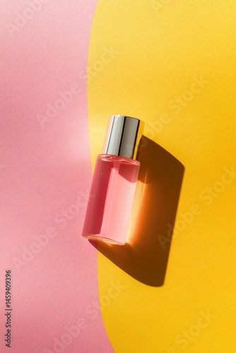 Glass perfume bottle on elegant neutral background, beauty product mockup for branding and skincare presentation.