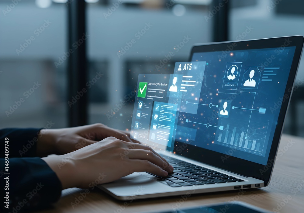 Obraz premium Person Uses Laptop for Application Tracking System