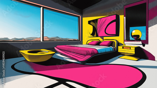 Retro Futuristic master bedroom, hotel guestroom interior design, colorful, stylish, cool, bright vibrant cartoon illustration in Googie architecture art tomorrowland style for animation film concept