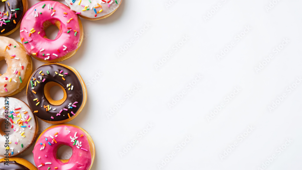 Donuts with colorful icing, sprinkles on white background. Concept of sweet junk food, high-calorie treat for breakfast, dessert, snack. Donuts with chocolate, pink, vanilla frosting Donuts with colorful icing, sprinkles on white background. Concept of sweet junk food, high-calorie treat for breakfast, dessert, snack. Donuts with chocolate, pink, vanilla frosting