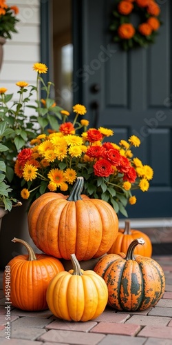 Autumn door decorations with pumpkins and flowers