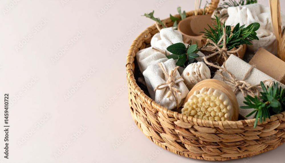 A rustic wicker basket overflowing with an assortment of colorful artisanal soaps, fragrant candles, and natural bath accessories, creating a cozy, inviting display. A rustic wicker basket overflowing with an assortment of colorful artisanal soaps, fragrant candles, and natural bath accessories, creating a cozy, inviting display.