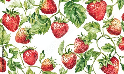 Fresh strawberries with leaves on white background.  Detailed watercolor illustration of vibrant red berries and green leaves on vines