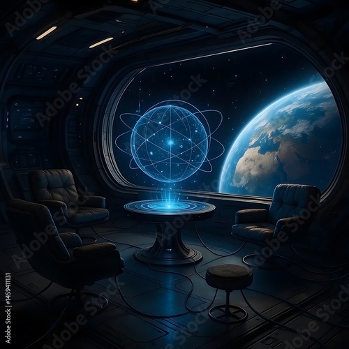 Futuristic spacecraft interior with a holographic globe and earth view ideal for science fiction concepts and modern home decor